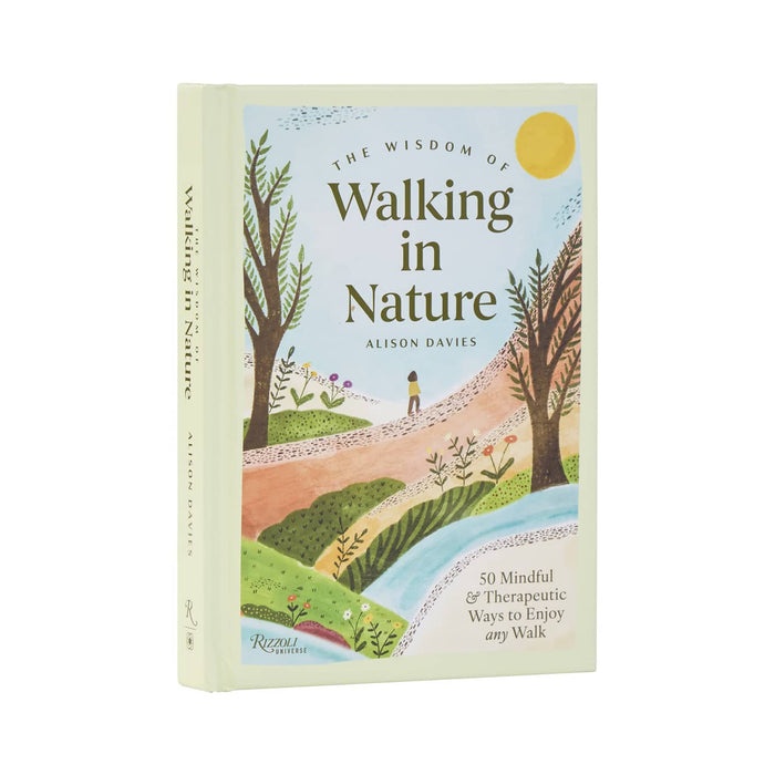 The Wisdom of Walking in Nature book by Alison Davies, featuring a pastel illustrated cover with trees, a path, and a river, shown on a plain white background.
