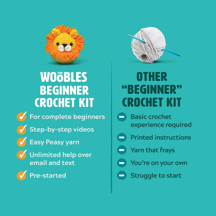 Comparison chart of Woobles Beginner Crochet Kit and Other Beginner Crochet Kit on a teal background.