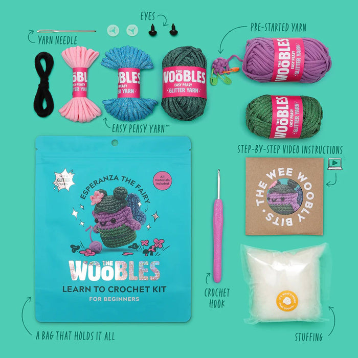 Woobles learn to crochet kit with yarn, needle, hook, and instructions on a teal green background.