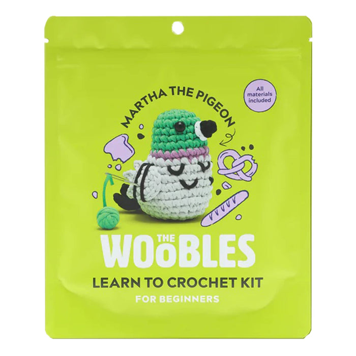 Lime green crochet kit packaging for 'Martha the Pigeon' on a white background.