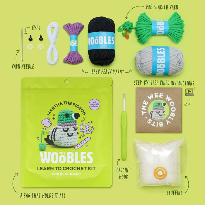 Crochet kit with yarn, hooks, and other supplies on a lime green background.