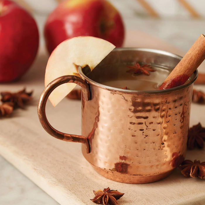 Thymes 10 ounce simmered cider scented candle in metal copper mug, wax emptied and mug being used for apple cider with cinnamon stick and apple slice.