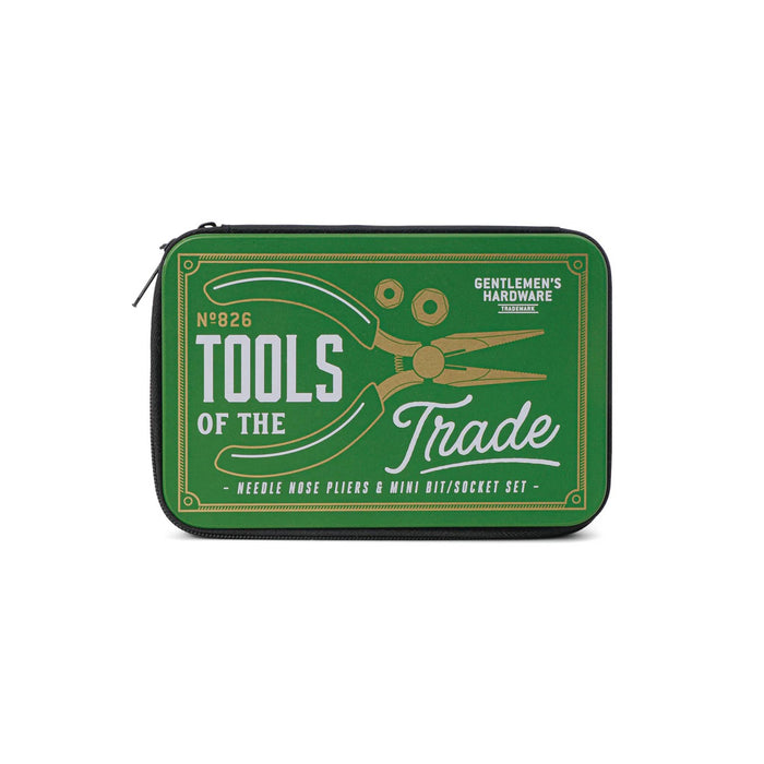 Gentlemen's Hardware Tools of the Trade mini tool kit in green tin packaging, top view, on a white background.