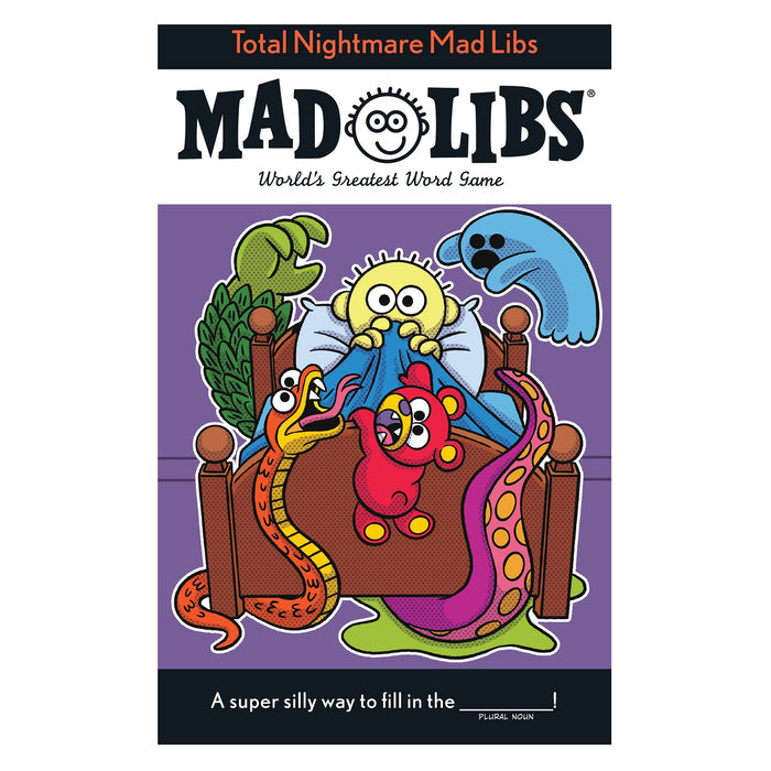 Front cover of the 'Total Nightmare Mad Libs' word game book, featuring a purple background with a colorful cartoon illustration of monsters and a bed, and black title bars at the top and bottom.