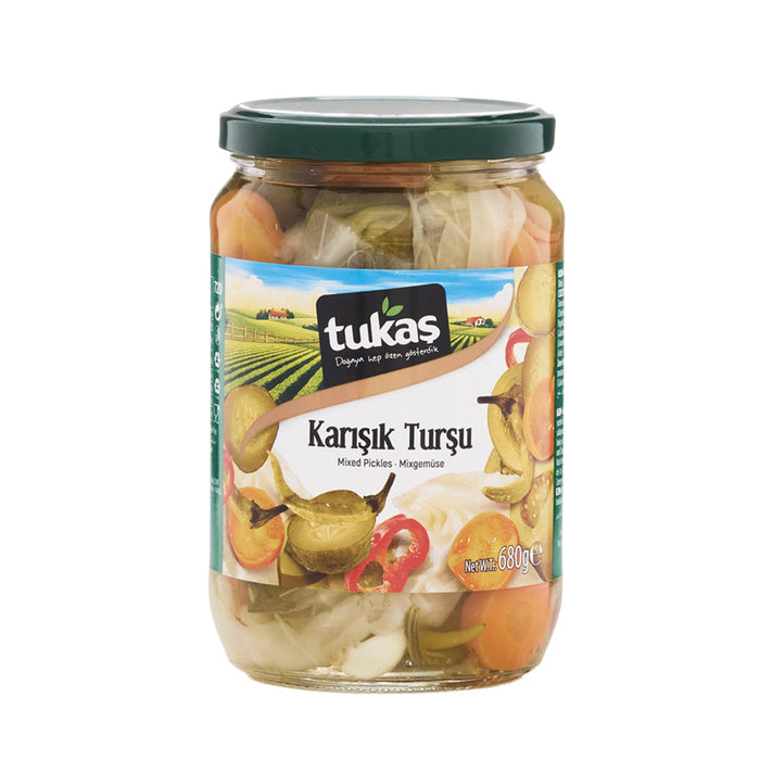 Tukaş Mixed Pickled Vegetables bring together a colorful blend of classic Turkish pickles in one convenient jar.