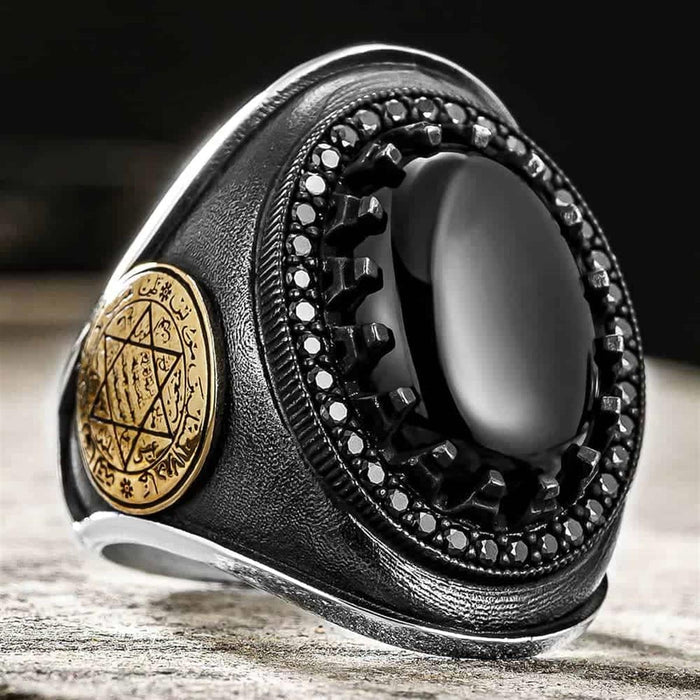 Rooted in centuries of symbolism, this Turkish Sterling Silver Ring with Black Onyx Suleyman Seal features the iconic Seal of Solomon motif set against a deep black onyx stone.