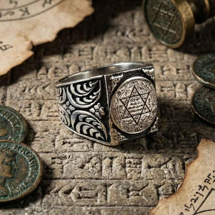 Rooted in centuries of spiritual symbolism, this Turkish Sterling Silver Ring with Seal of Solomon features the revered six-pointed star known as the Seal of Solomon (Muhur-u Suleyman).