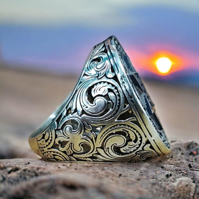 Turkish Sterling Silver Ring with Seal of Solomon is a bold and meaningful piece crafted from solid 925 Sterling Silver.
