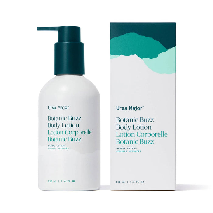Ursa Major Botanic Buzz Body Lotion in pump bottle with box, front view.