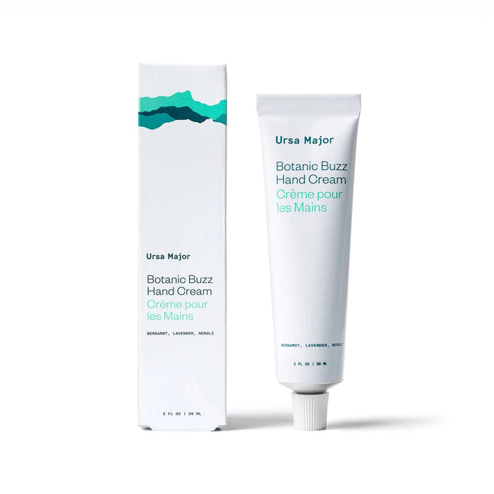 Ursa Major Botanic Buzz Hand Cream in white 2 ounce tube, with box.