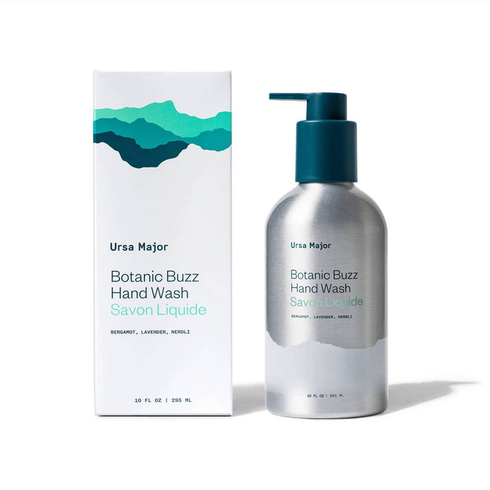 Ursa Major Botanic Buzz Hand Wash in silver pump bottle with box.