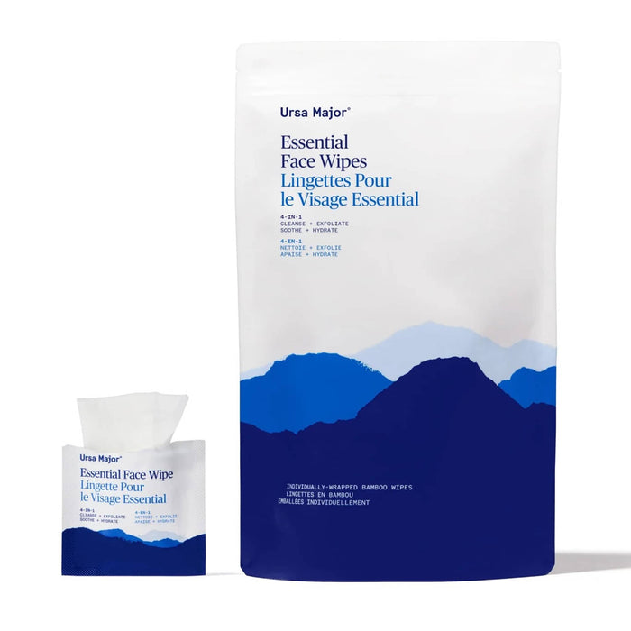 Ursa Major Essential Face Wipes, 20 pack pouch with individual wipe next to it coming out of its packaging.