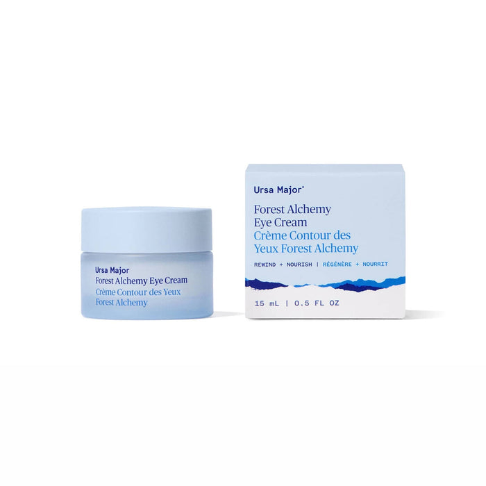 Ursa Major Forest Alchemy Eye Cream in blue glass jar with box.