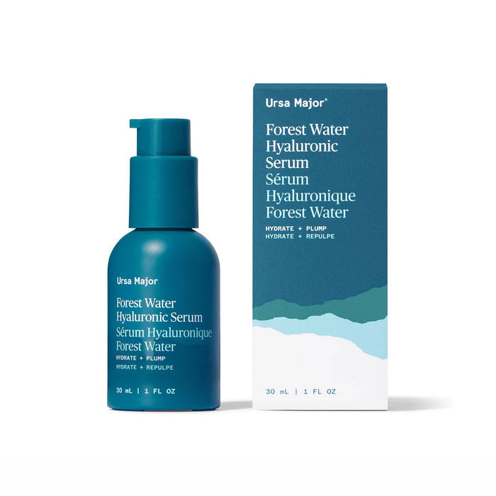 Ursa Major Forest Water Hyaluronic Serum in blue pump bottle packaging with matching box, front view.