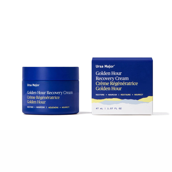 Ursa Major Golden Hour Recovery Cream in blue glass jar with box.