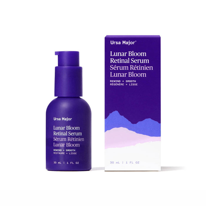 Ursa Major Lunar Bloom Retinal Serum in purple pump bottle with box.