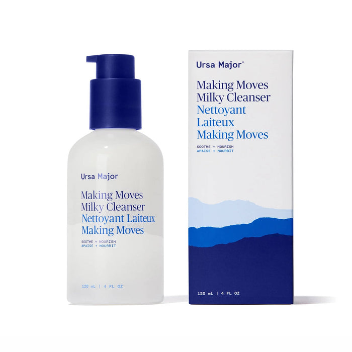 Ursa Major Making Moves Milky Cleanser in pump bottle packaging with box, front view.