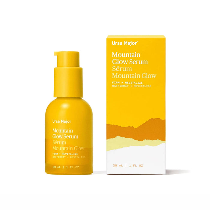 Ursa Major Mountain Glow Serum in yellow pump bottle with box.