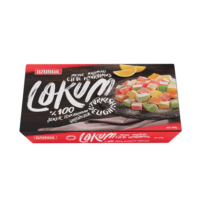 Experience the colorful variety of Uzungil Fruit Flavored Double Roasted Turkish Delight, a classic confection from Türkiye crafted with a special double-roasting technique for a firmer, more satisfying texture.