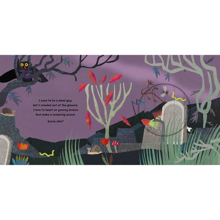 A whimsical illustrated scene with a purple sky, bare trees, a tombstone, a snail, a frog, and a small owl, plus a block of text on the left.