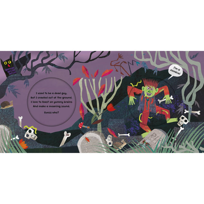 A colorful children's book illustration spread showing a spooky graveyard scene. A green zombie character stands among bones, skulls, twisted trees, and tombstones under a purple sky, with a speech bubble reading 'I'm a zombie'.