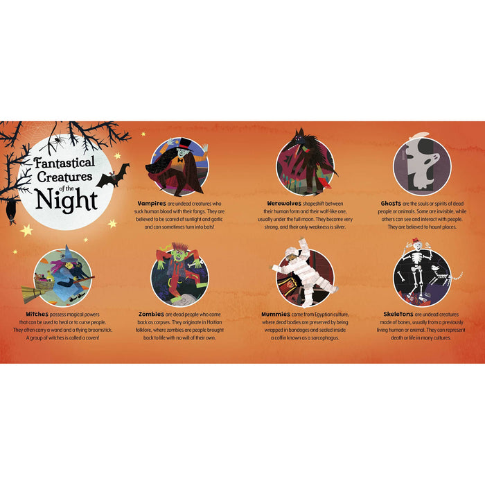 Spread of 'Fantasy Creatures of the Night' on an orange background, featuring six illustrated and described creatures: vampires, werewolves, ghosts, witches, zombies, mummies, and skeletons.