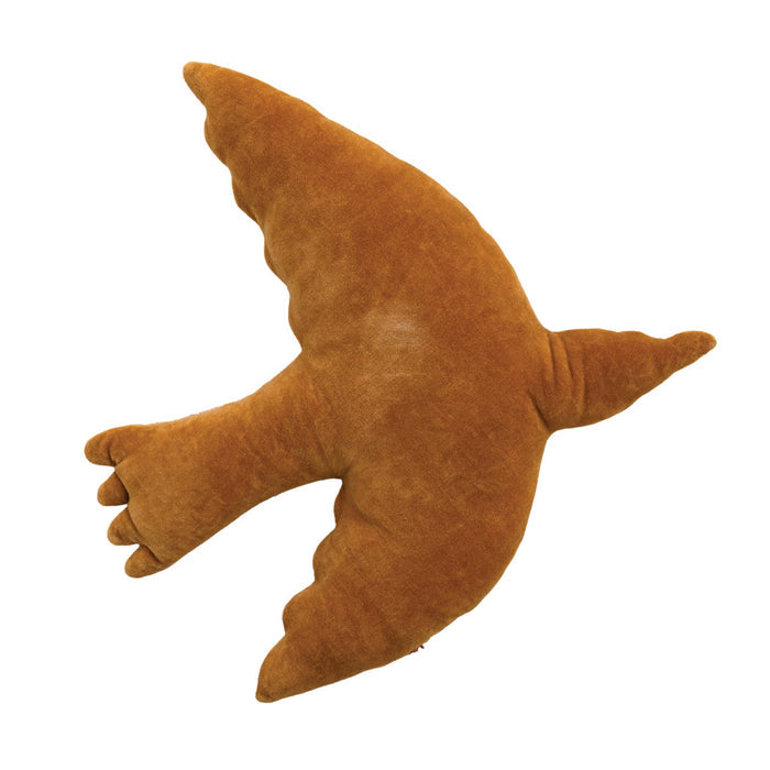 Back of a mustard yellow velvet bird-shaped decorative pillow, on a white background.