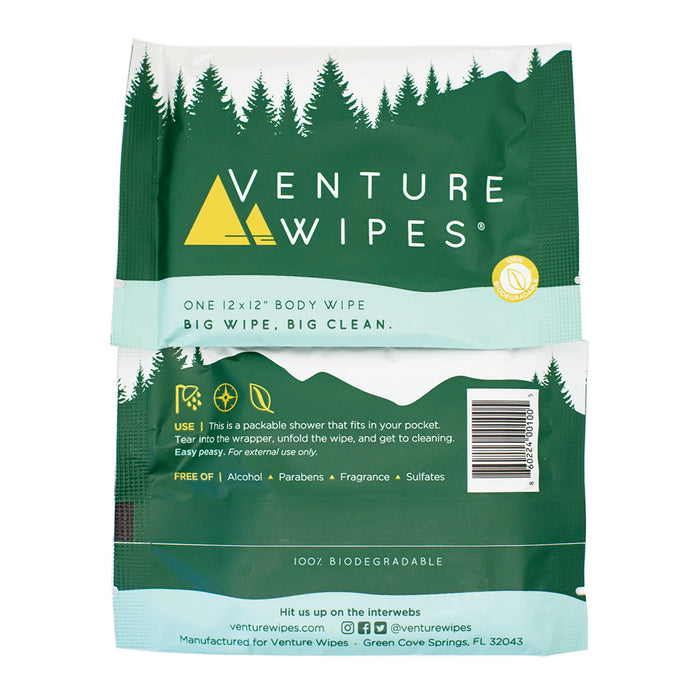 Venture Wipes 10 count individually wrapped pouches in bag, front and back view of pouch.