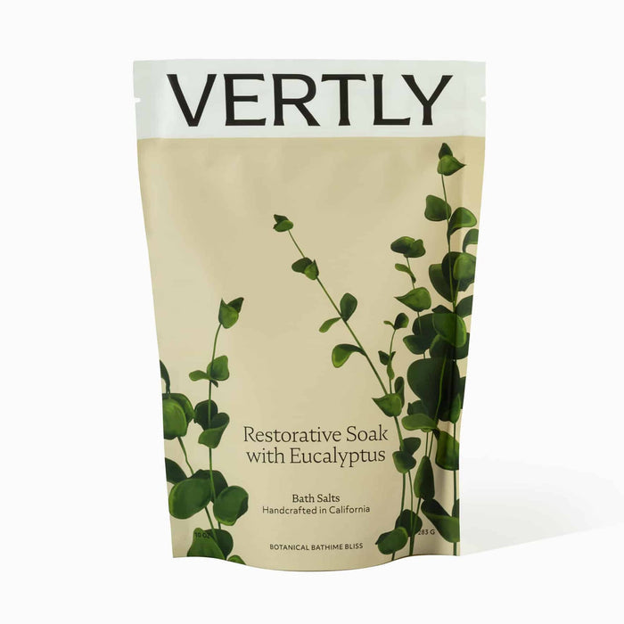 Vertly Restorative Eucalyptus scented bath salt soak in illustrated pouch packaging, front view.