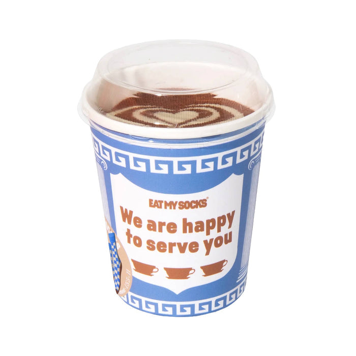 Socks in packaging that looks like a greek coffee cup.