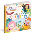 What is a Family? board book front cover with illustrations of animal families, on a white background.