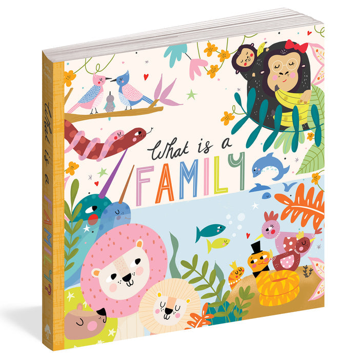 What is a Family? board book front cover with illustrations of animal families, on a white background.