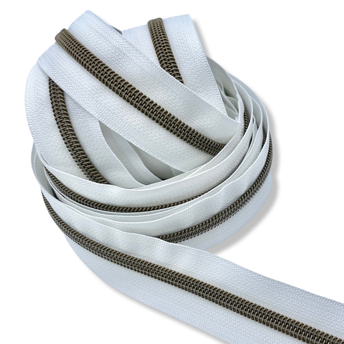 White | #5 Antique Gold Zipper by the Yard - 5 Yard Singles