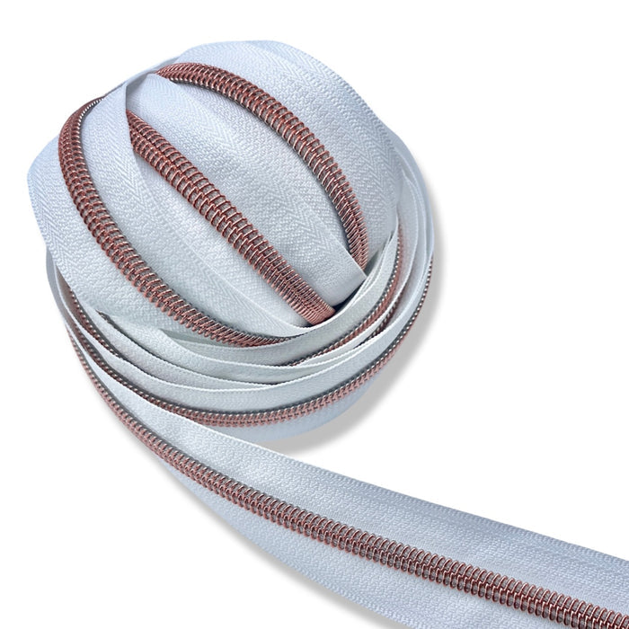 White | #5 Rose Gold Zipper by the Yard - 5 Yard Singles