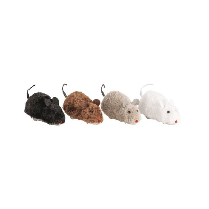Wind-up plush rat toys in black, brown, gray, and white.