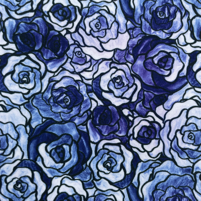 This printed WPCotton has roses that vary in shades of blue.