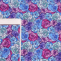 This printed WPCotton has a rose design varying in shades of blue, green, purple, and pink.