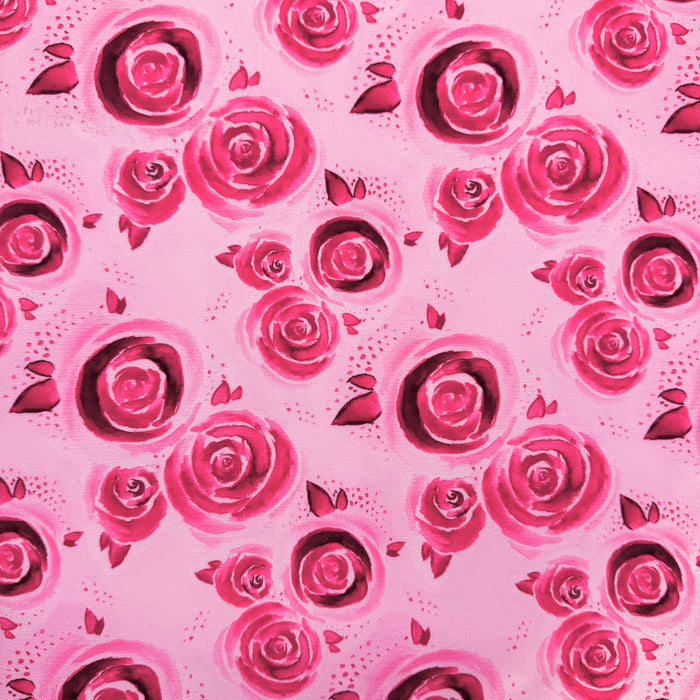 This printed WPCotton has a watercolor rose design in shades of pink.