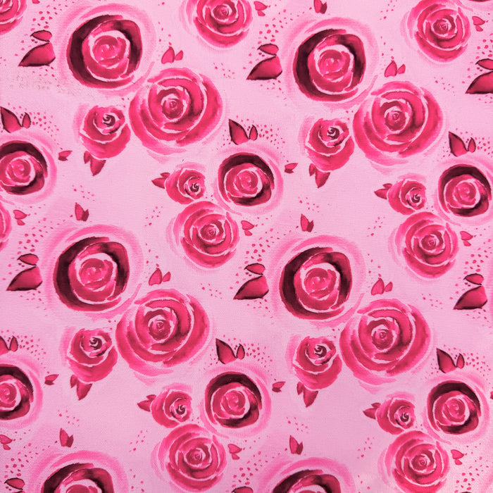 This printed WPCotton has a watercolor rose design in shades of pink.