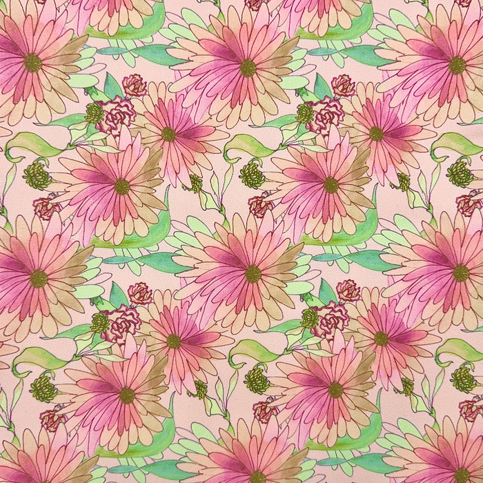 This printed WPCotton features daisy flowers in shades of pink, orange, and green.