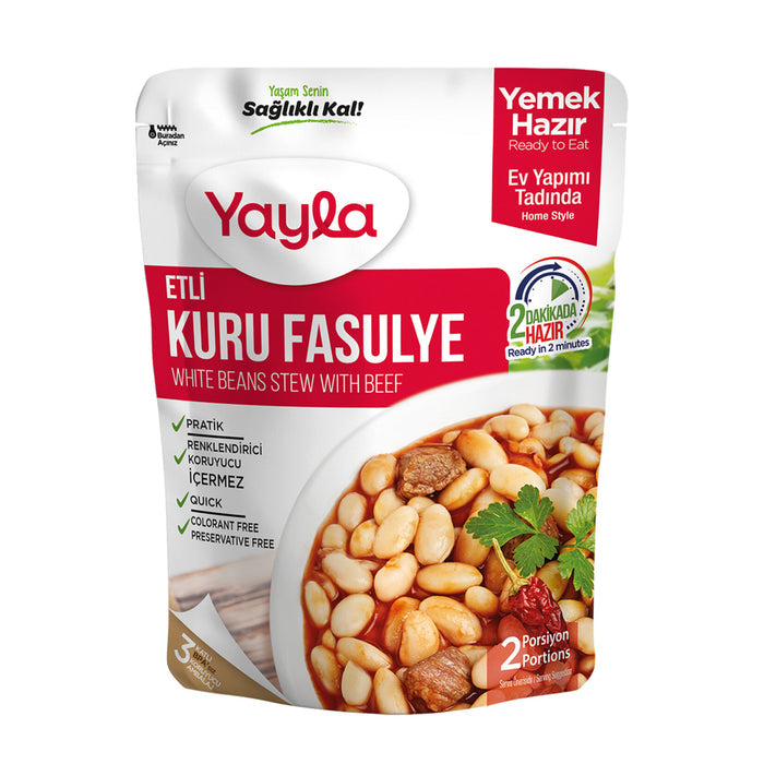 Yayla Etli Kuru Fasulye is a classic Turkish comfort dish made with tender white beans and hearty cubes of beef, slow-cooked in a rich tomato-based sauce.