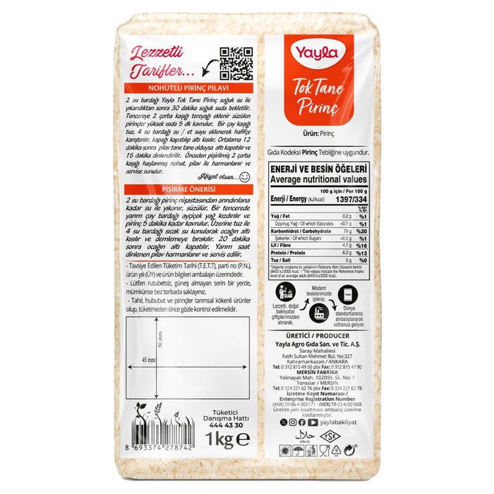 Yayla Tok Tane Rice is a premium-quality Turkish rice known for its firm texture and perfect grain separation, making it ideal for pilaf and a variety of Mediterranean and Middle Eastern dishes.