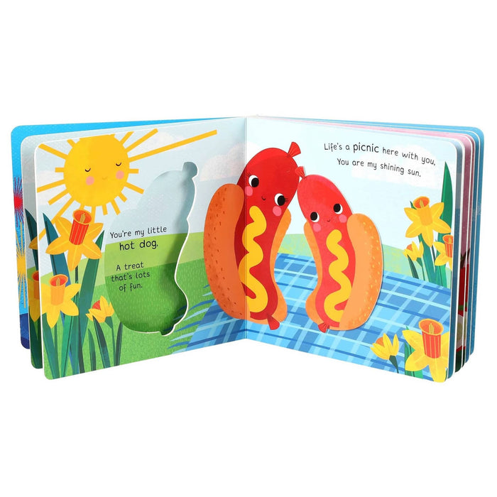 Children's book with colorful illustrations of a sun, hot dogs, and flowers on a white background.