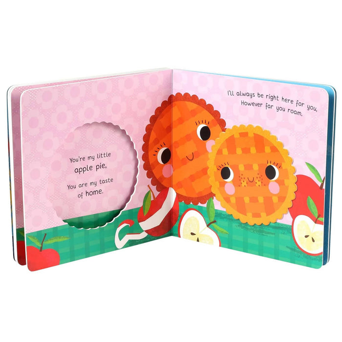 Illustrated book page with two cartoon apple pie characters on a pink background.