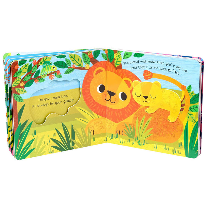 Children's book with lion and cub illustration on a white background.