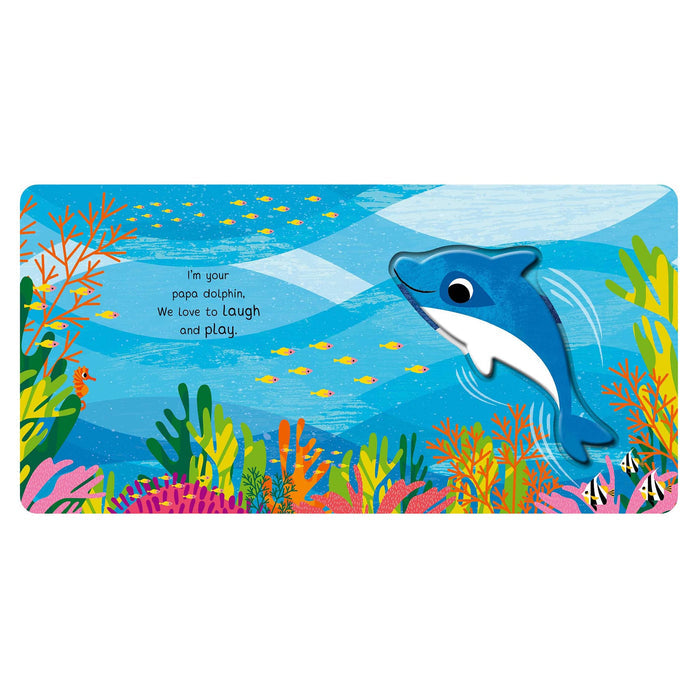 Colorful children's book page with a dolphin and underwater scene, on a white background.