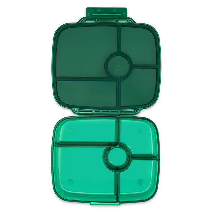 Green plastic leakproof bento box with 5 compartments, lid open, overhead view, on a white background.