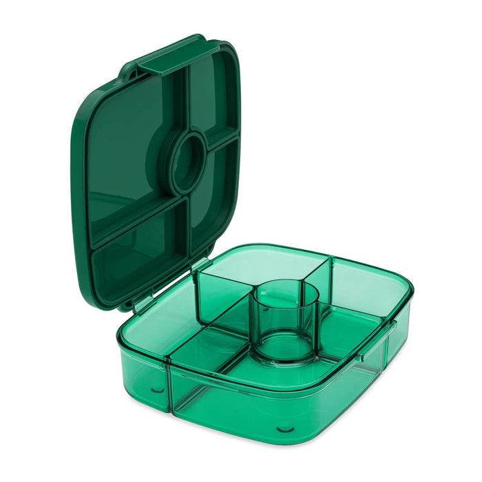 Green plastic leakproof bento box with 5 compartments, lid open, front angle view, on a white background.