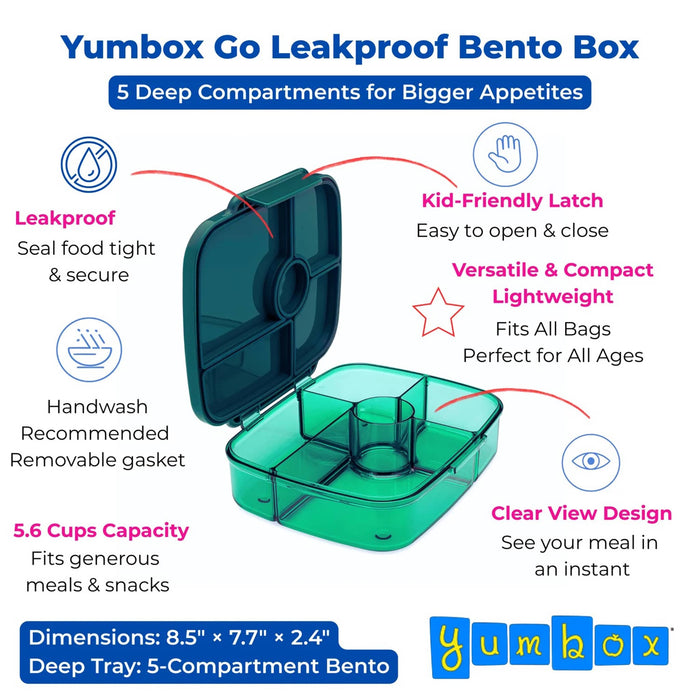 Yumbox Go Leakproof Bento Box with features highlighted on a white background.