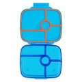 Miami blue plastic leakproof bento box with 5 compartments, lid open, overhead view, on a white background.